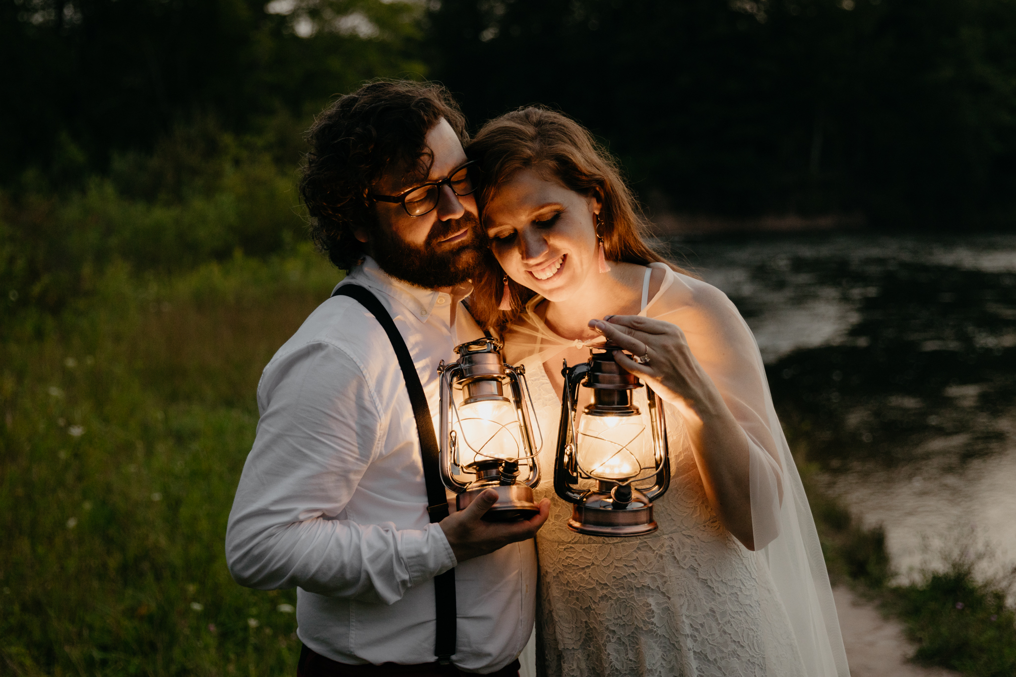 Lantern photos during this Michigan Forest elopement