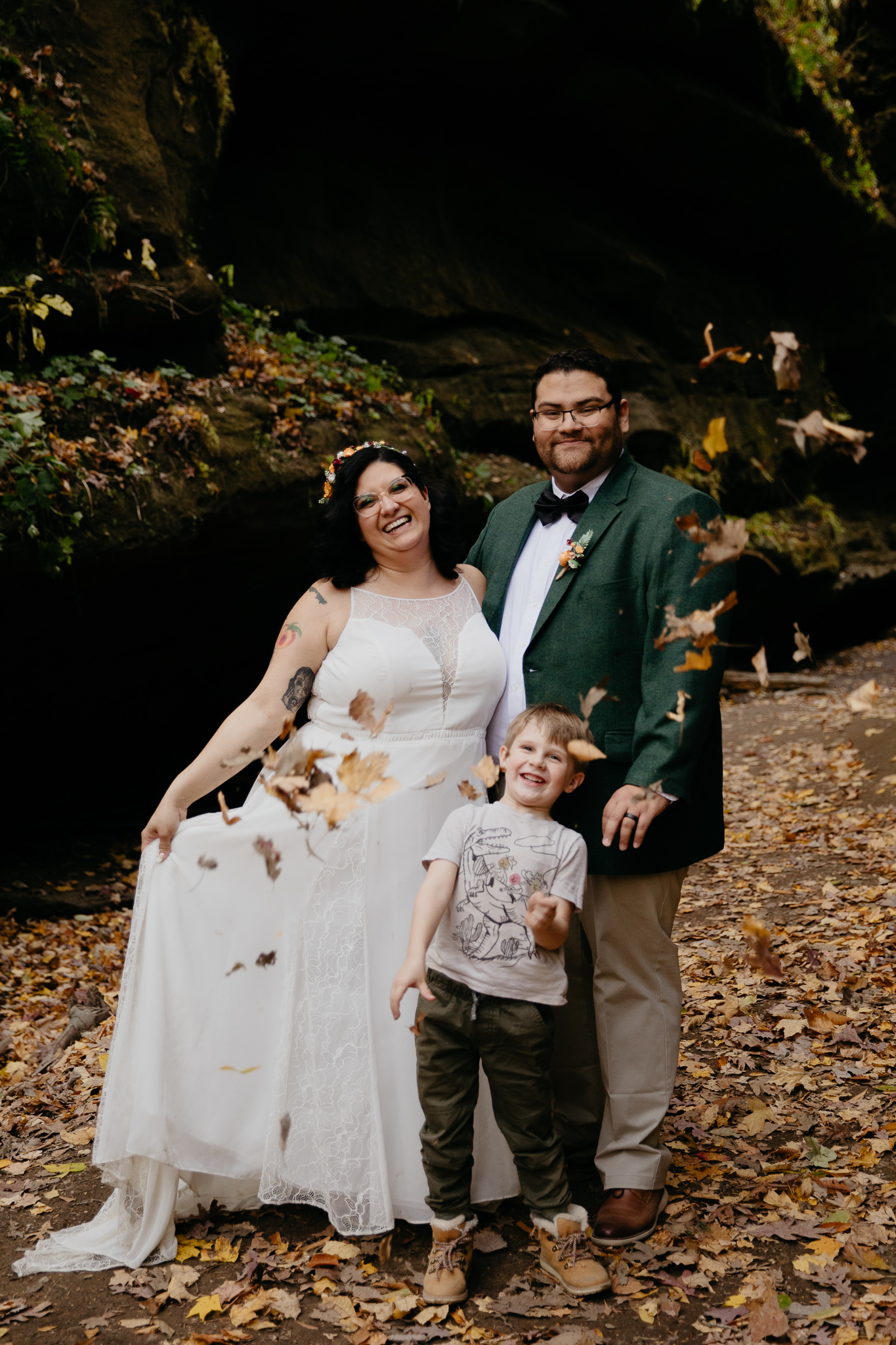 A family photo during this fall Turkey Run elopement in Indiana