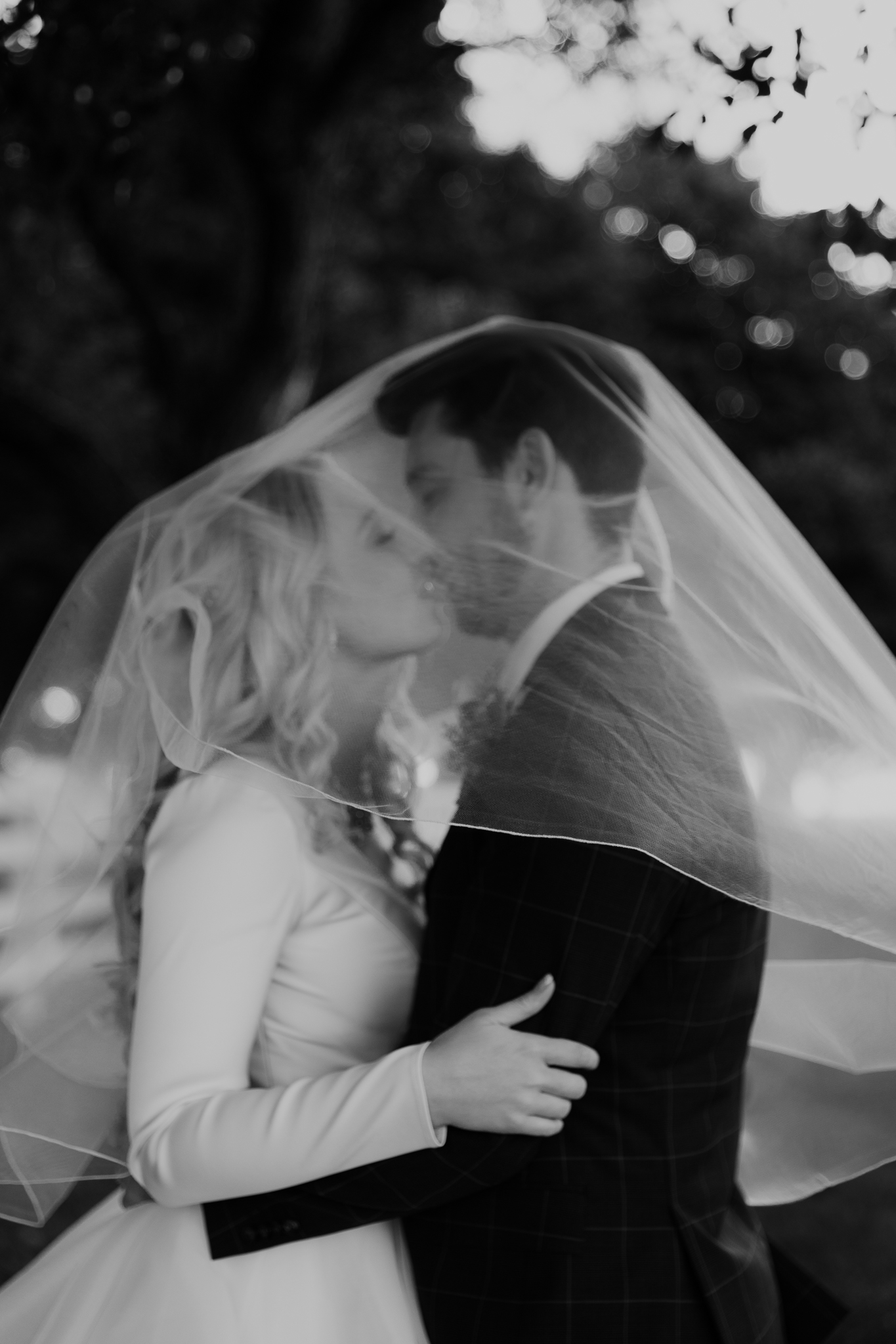 Bride and groom smile at each other and kiss underneath a sheer wedding veil