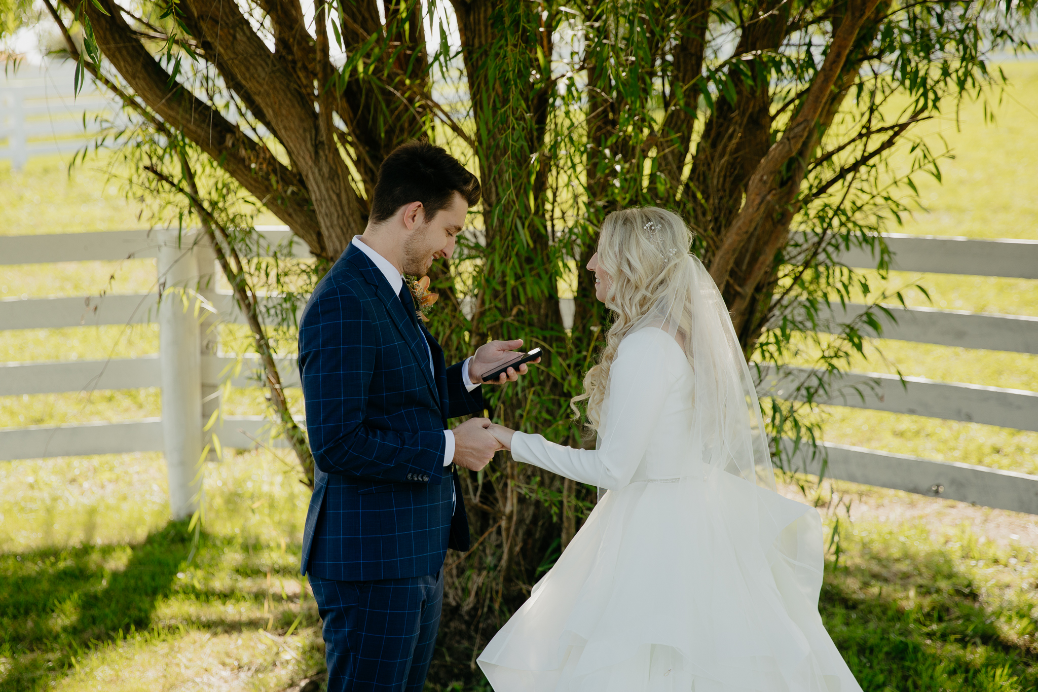 Groom reads vows to bride underneath a willow tree on his phone