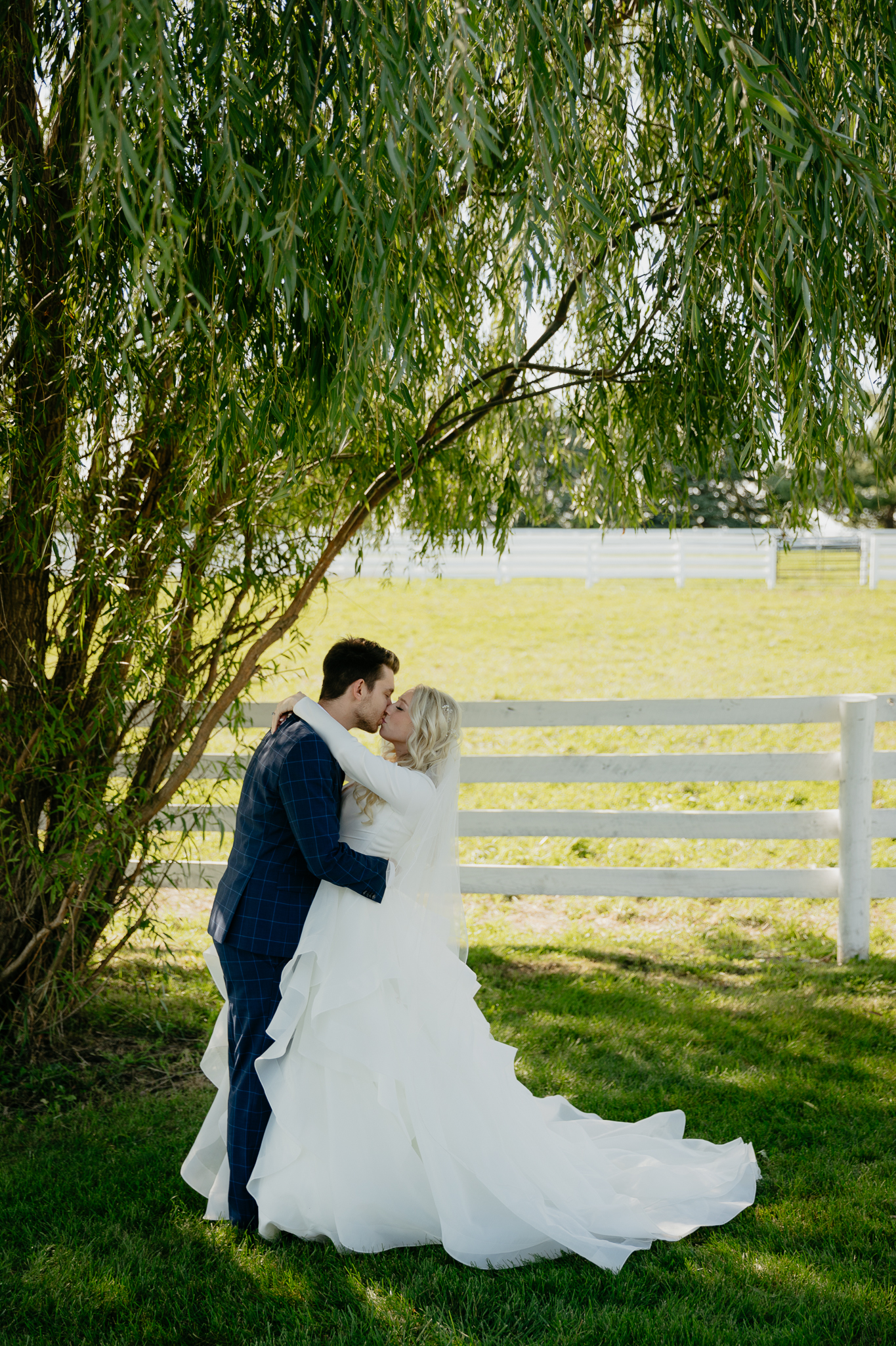 groom and bride read vows to each other underneath a willow tree