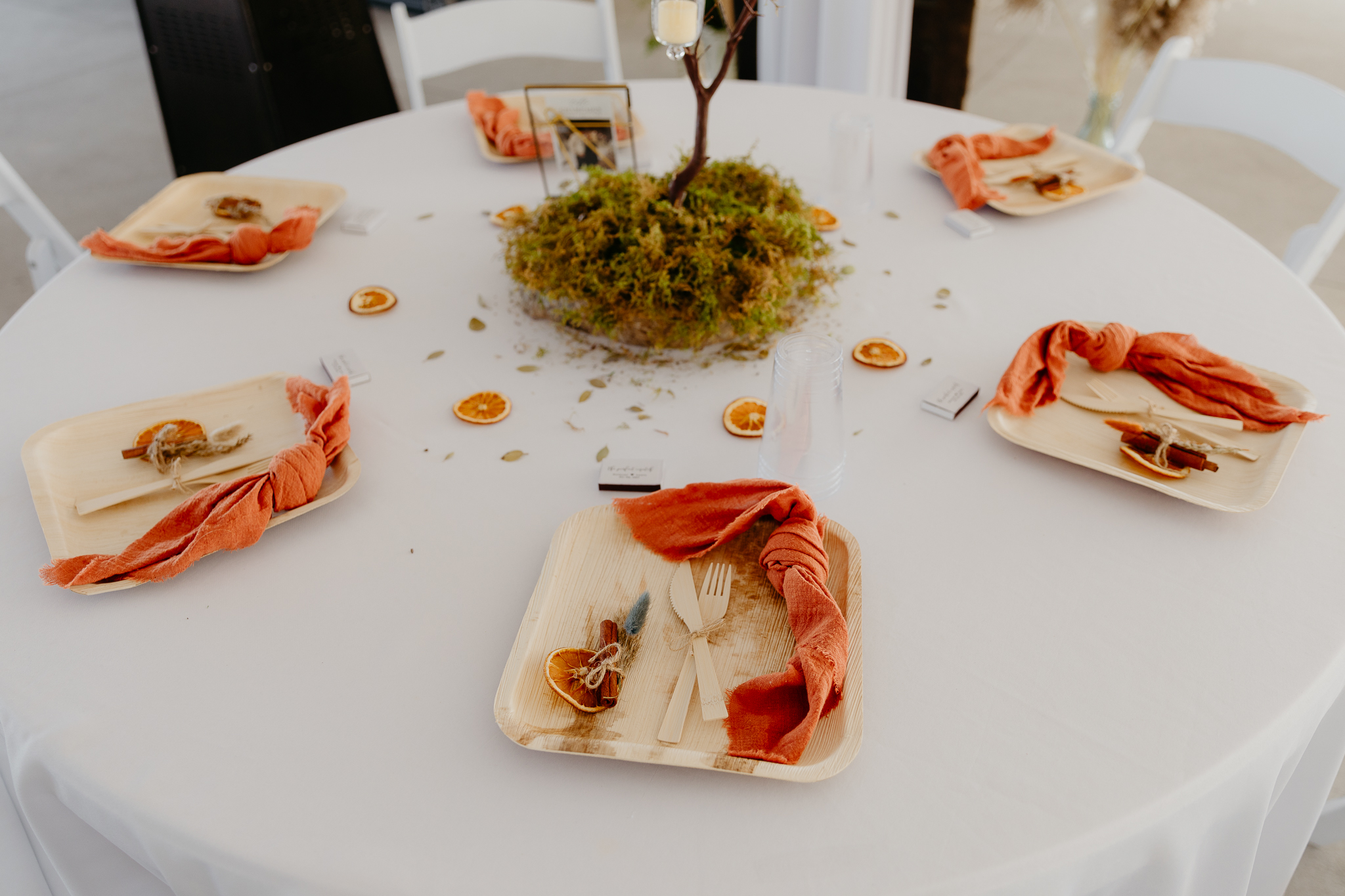Plates and napkin wedding details, with a copper napkin, dried oranges, and wooden plates