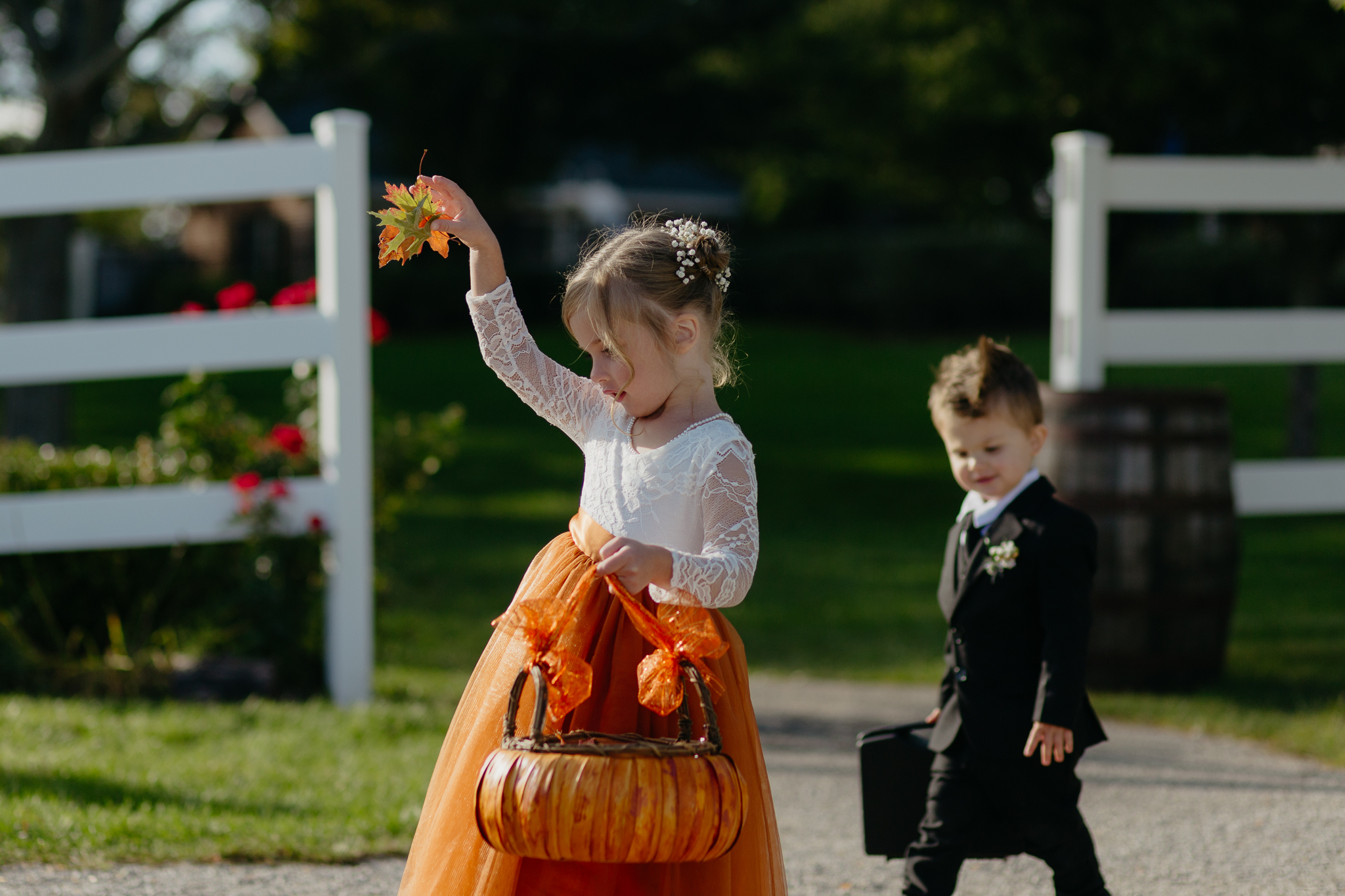 Flower girl and ring boys walk down tree lined driveway as flower girl drops autumn leaves