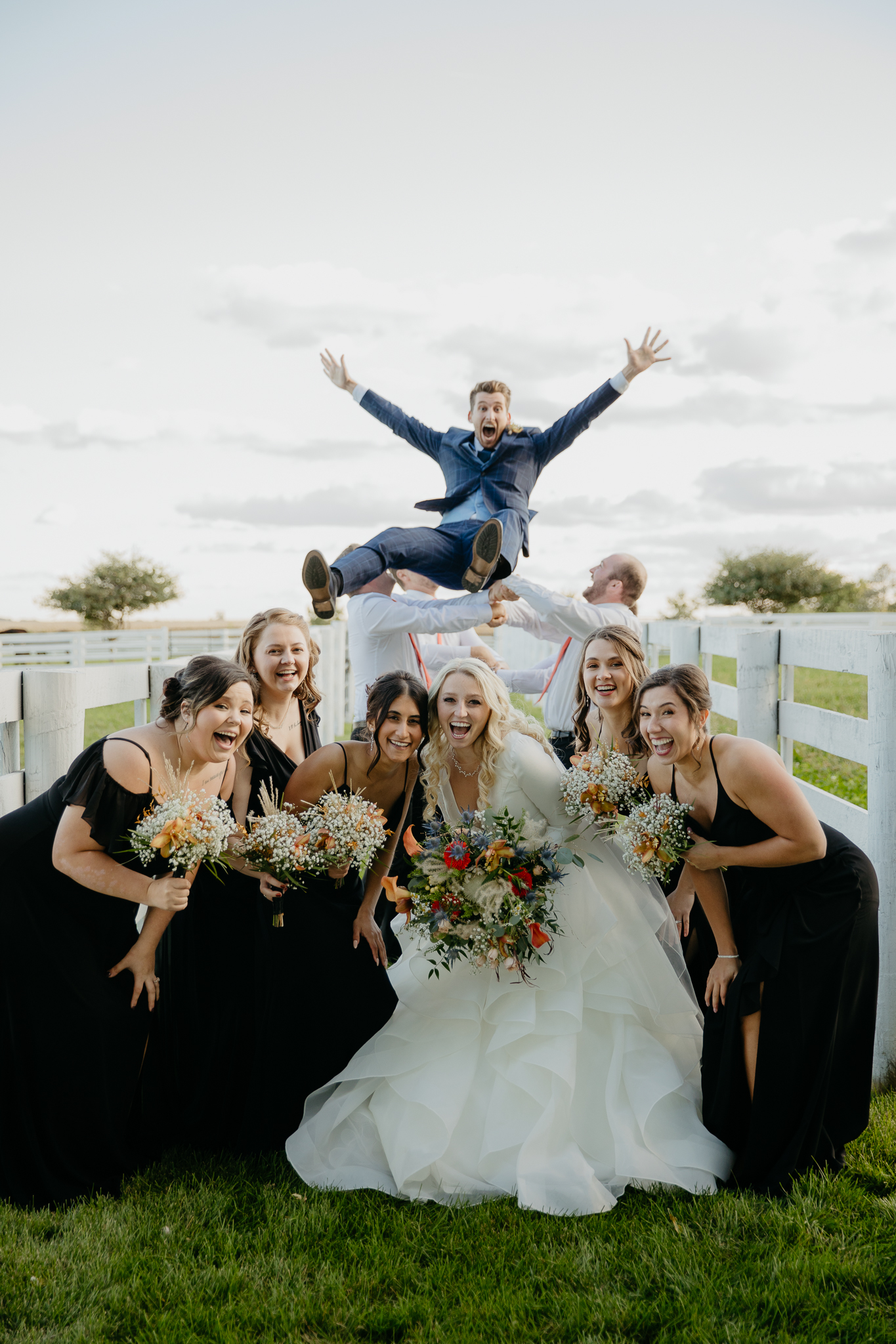Groom is tossed into the air as wedding party smiles in between horse pastures along the fences