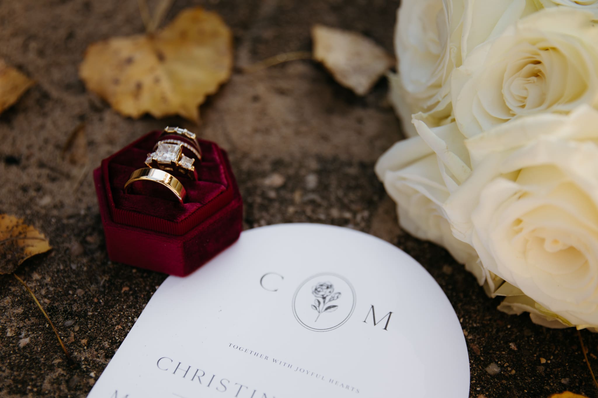 Wedding invitation, rings, and details for an Indiana Dunes intimate wedding along Lake Michigan