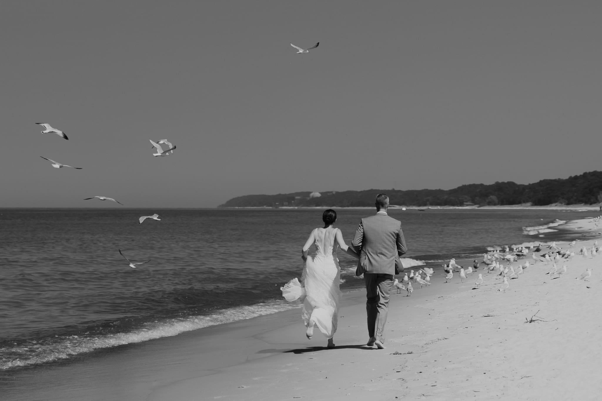 Bride and groom running along the beach of Lake Michigan through a flock of seagulls during their elopement at Warren Dunes State Park