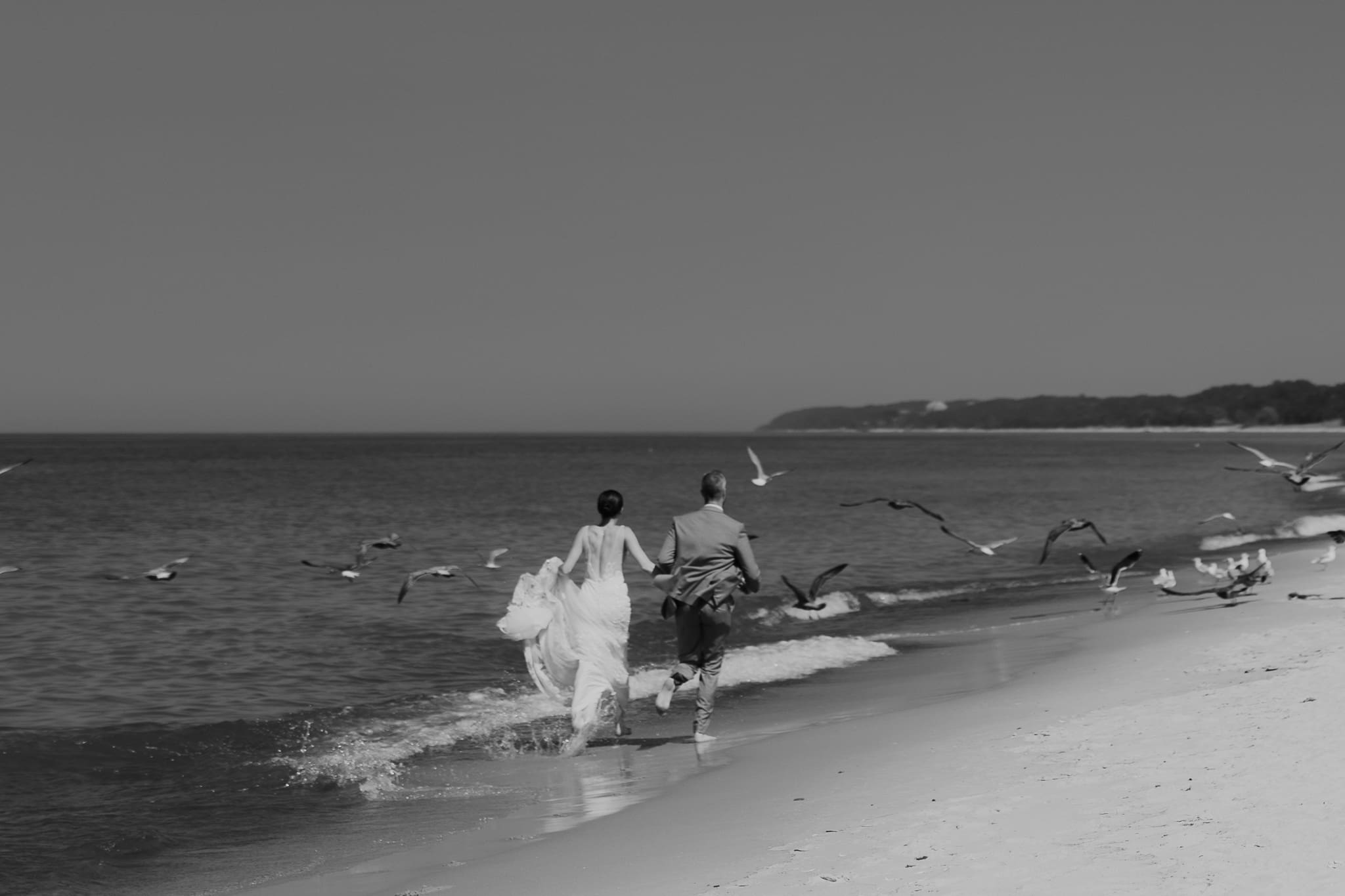 A bride and groom dancing and running along the shore of Lake Michigan through a flock of seagulls during their Warren Dunes Beach Elopement