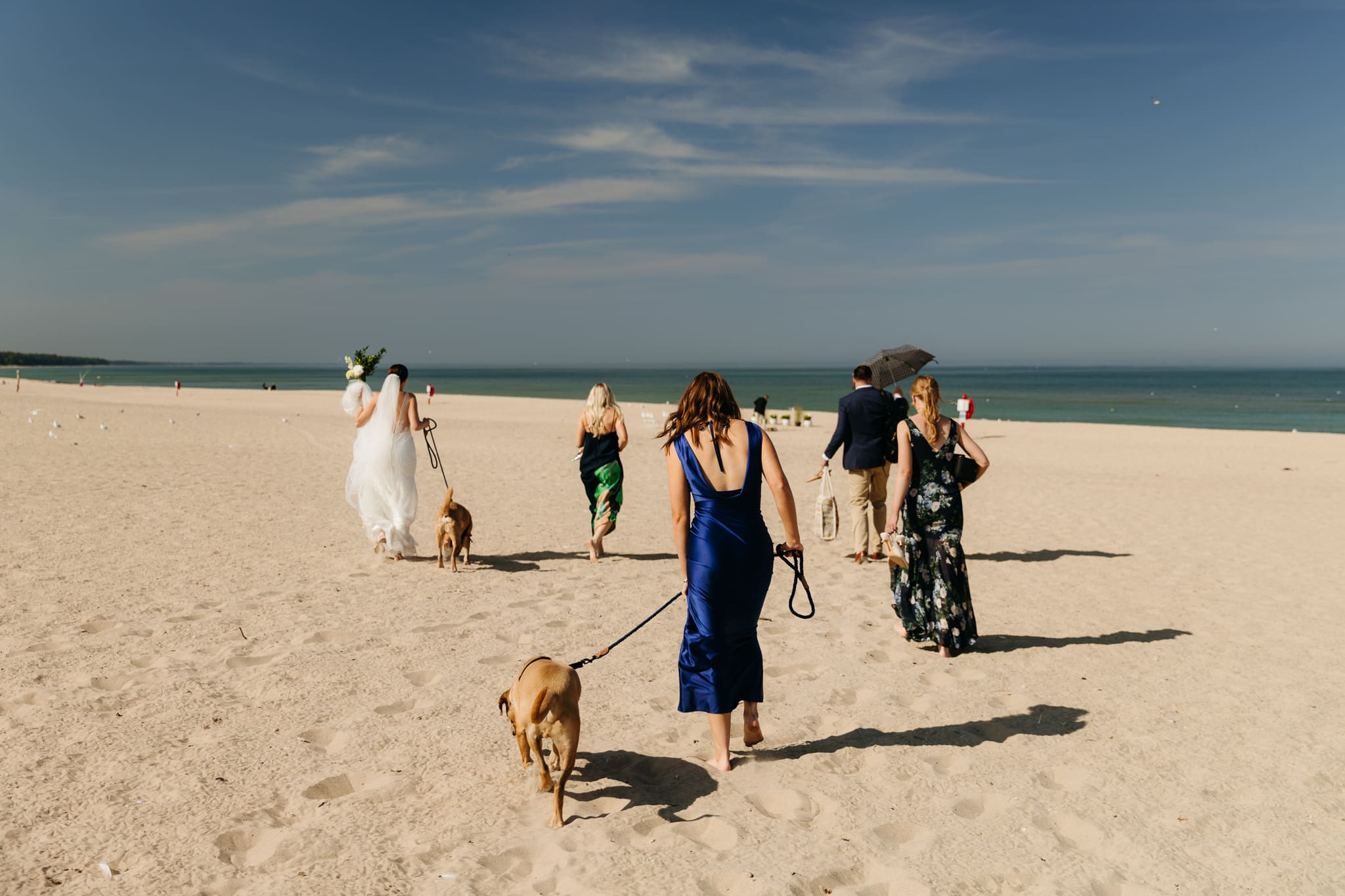 Family and friends walking along the beach towards the wedding ceremony spot at Warren Dunes State Park in Michigan