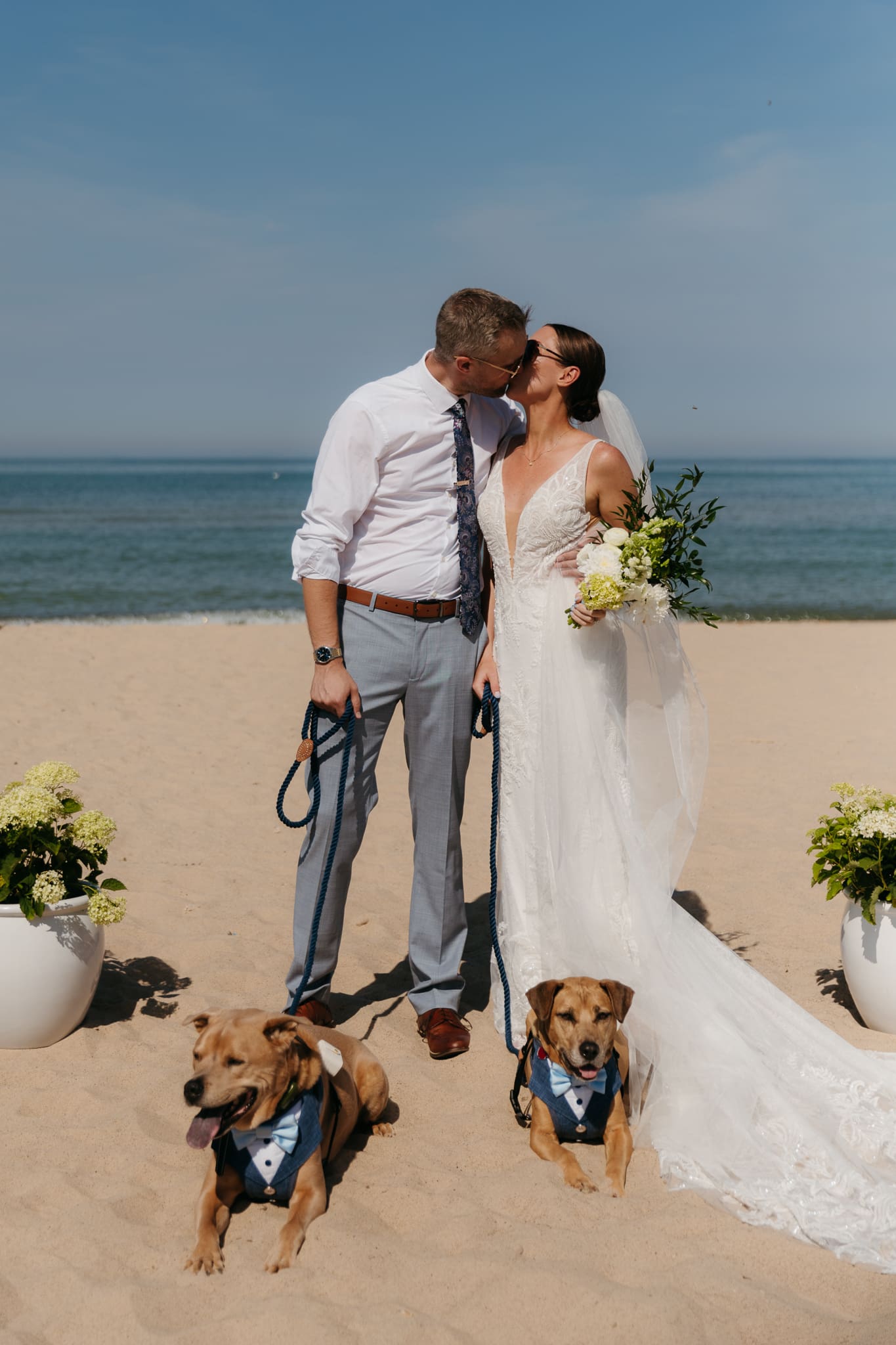 Bride and groom pose with their dogs after their Warren Dunes elopement
