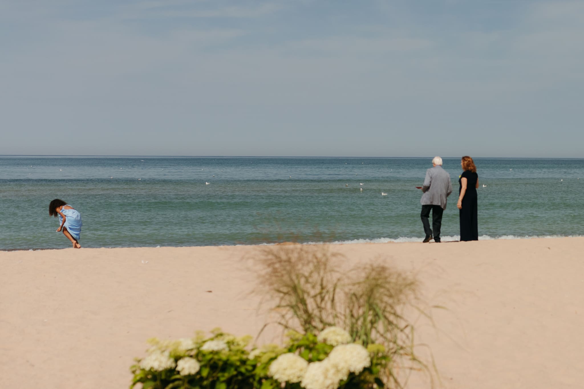 Wedding guests mingling during a beach elopement at Warren Dunes State Park