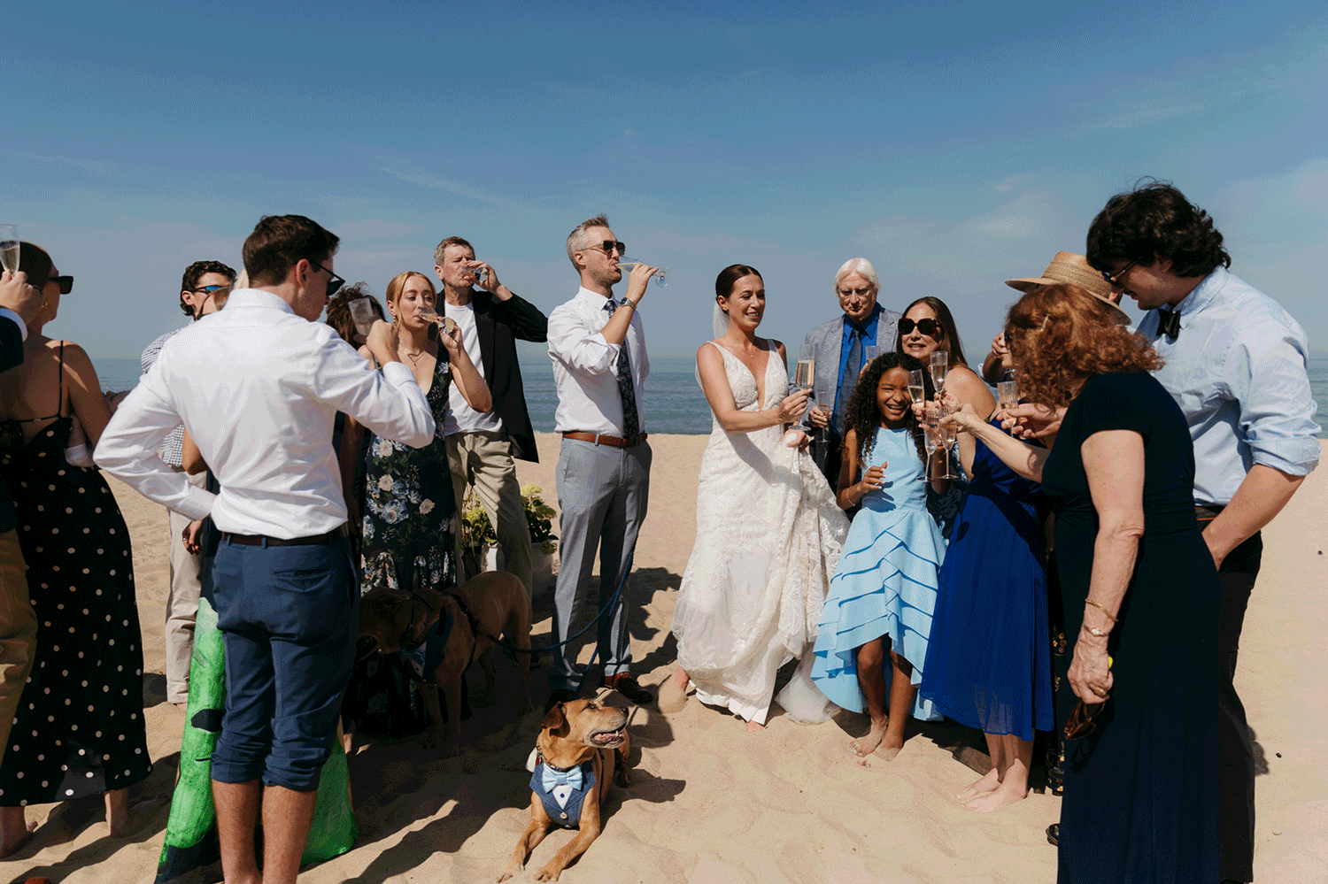 Bride and groom share champagne with guests and toast as a celebration of their marriage during their Warren Dunes elopement along the beach