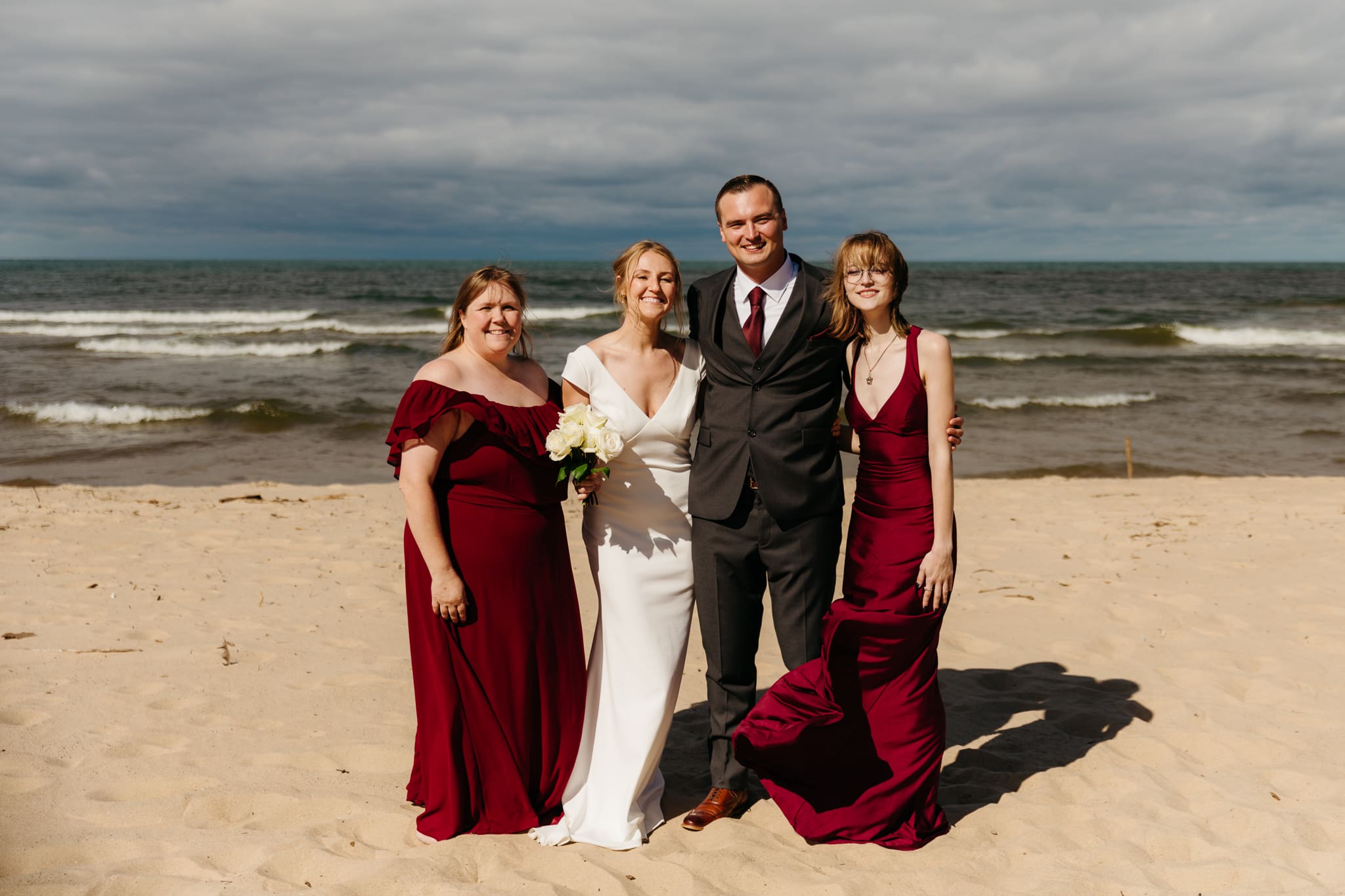 Family and friend group photos at the beach of Lake Michigan for a wedding at Indiana Dunes National Park