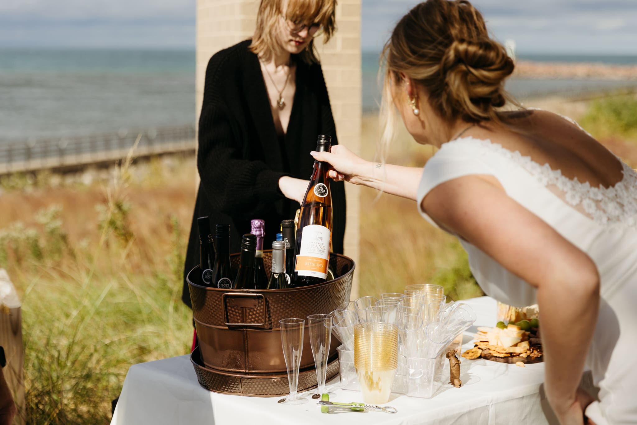 Bride and groom hanging out with family and friends during their outdoor wedding at Indiana Dunes National Park