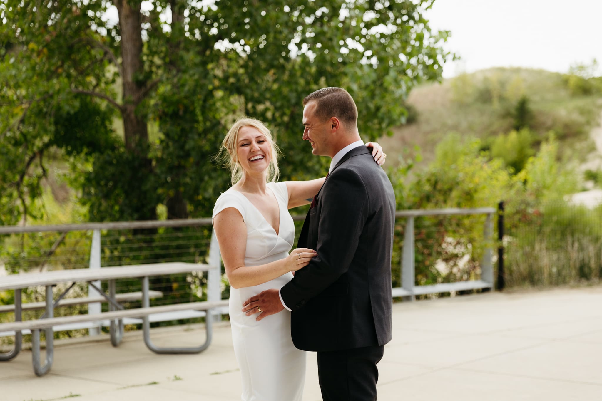 Bride and groom share a first dance during their wedding at Indiana Dunes National Park