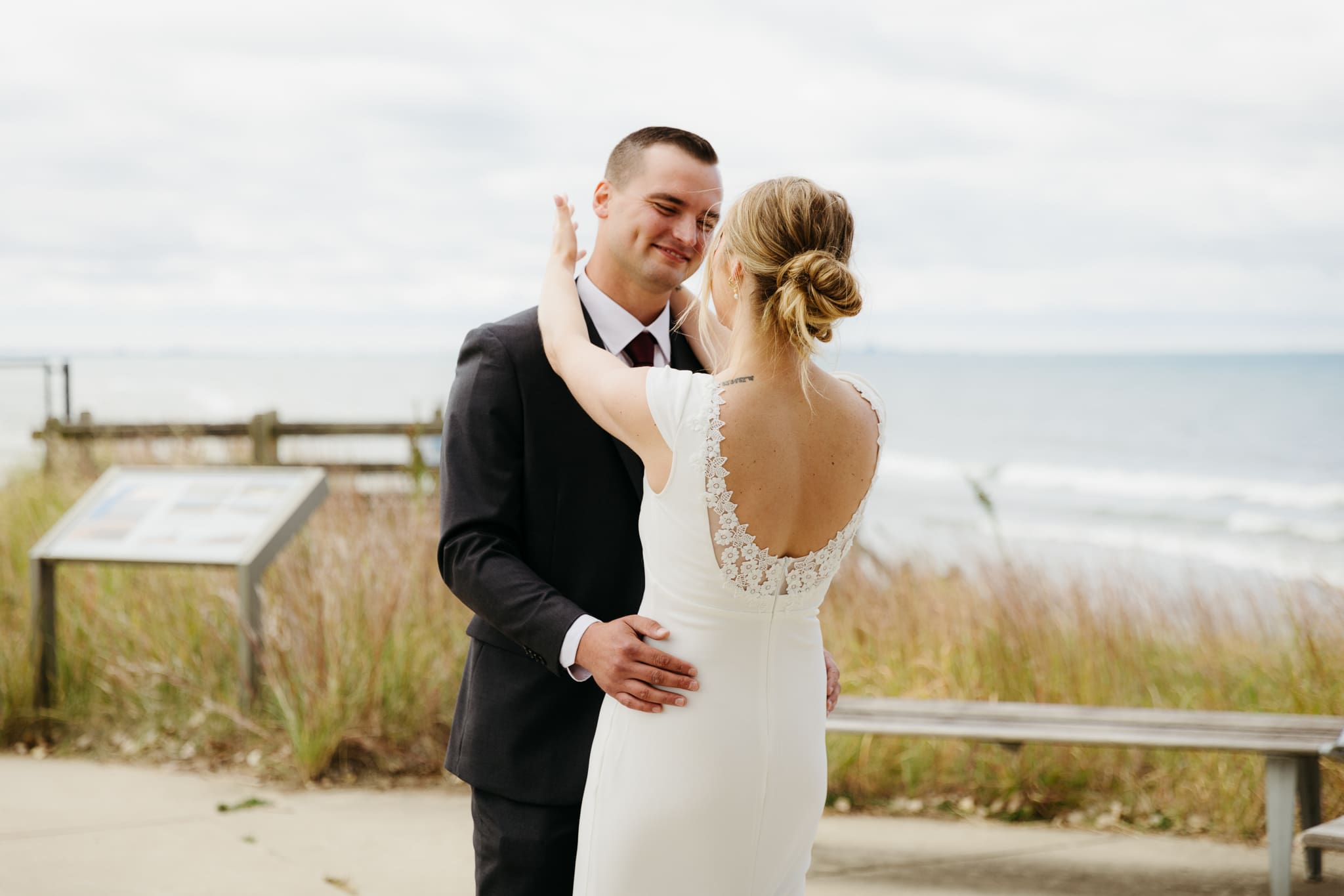 Bride and groom share a first dance during their wedding at Indiana Dunes National Park