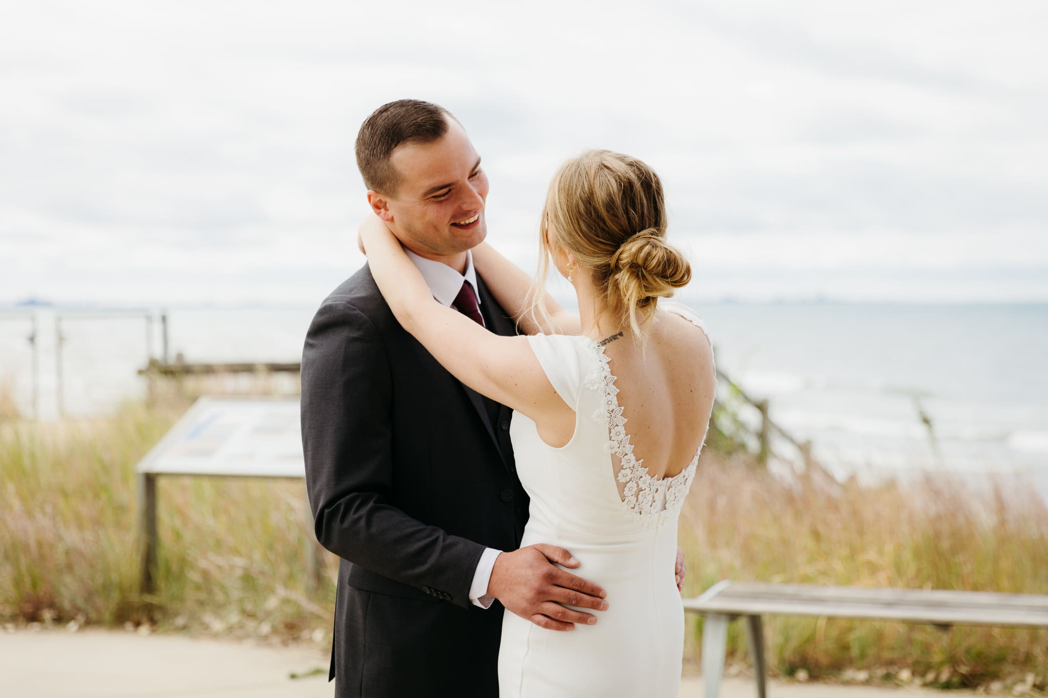 Bride and groom share a first dance during their wedding at Indiana Dunes National Park