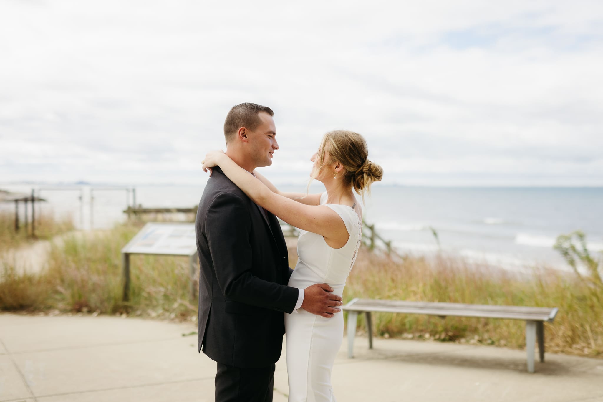 Bride and groom share a first dance during their wedding at Indiana Dunes National Park
