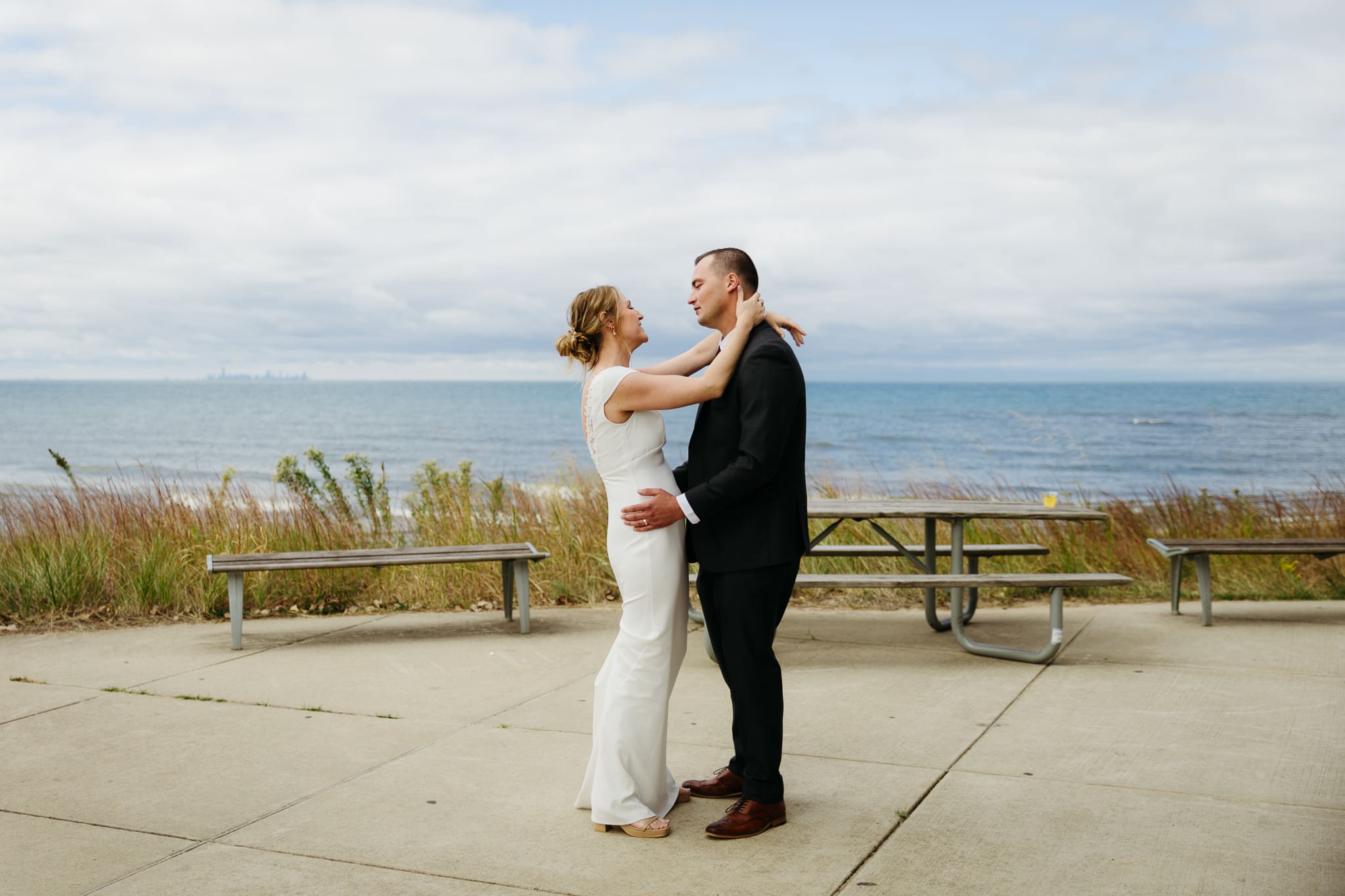 Bride and groom share a first dance during their wedding at Indiana Dunes National Park