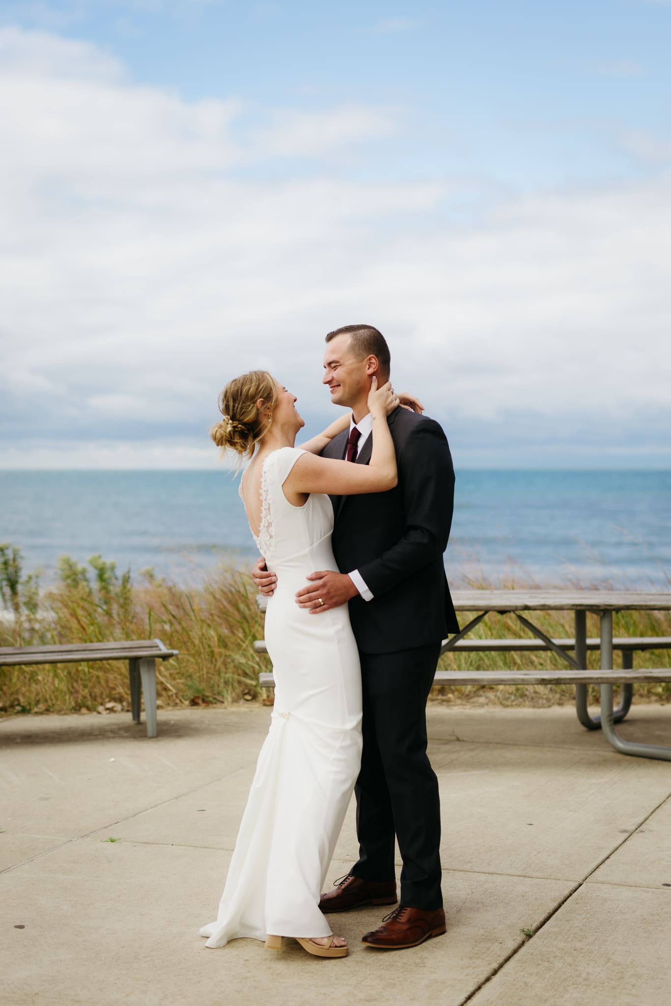 Bride and groom share a first dance during their wedding at Indiana Dunes National Park