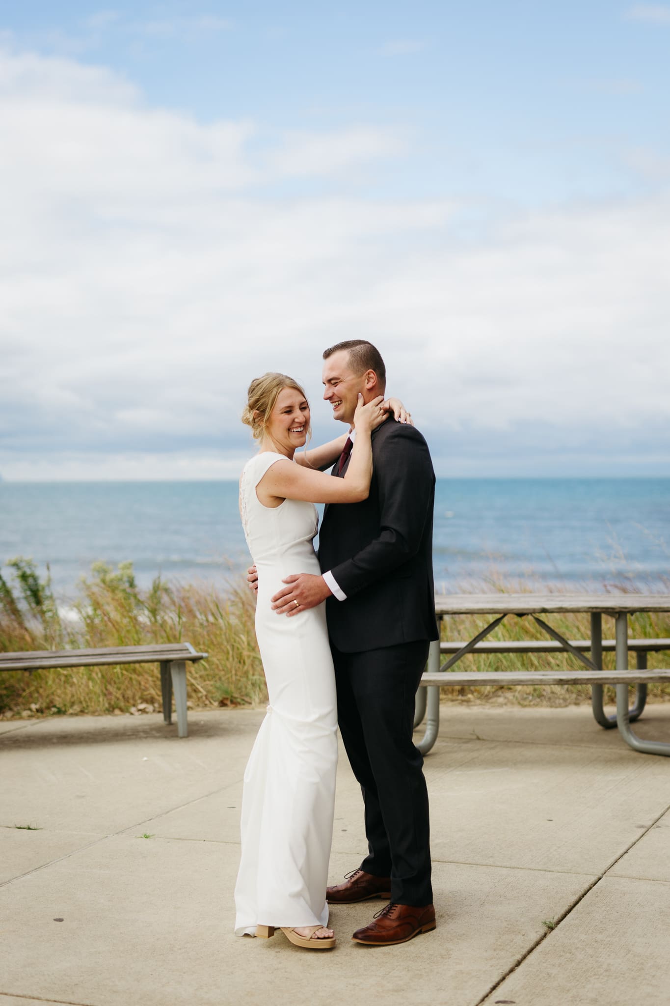 Bride and groom share a first dance during their wedding at Indiana Dunes National Park