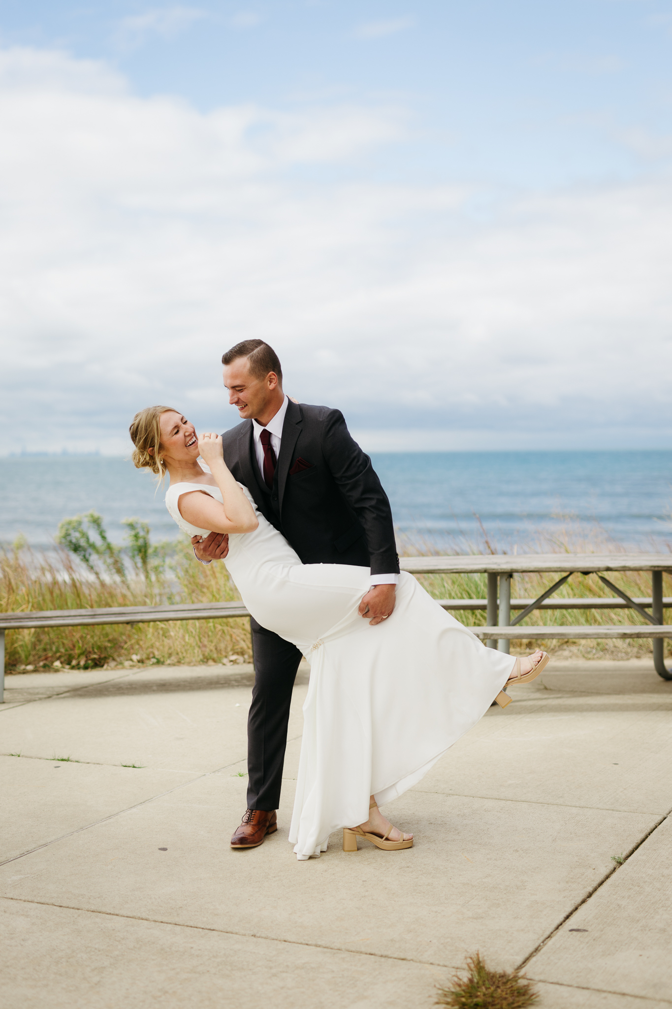 Bride and groom share a first dance during their wedding at Indiana Dunes National Park