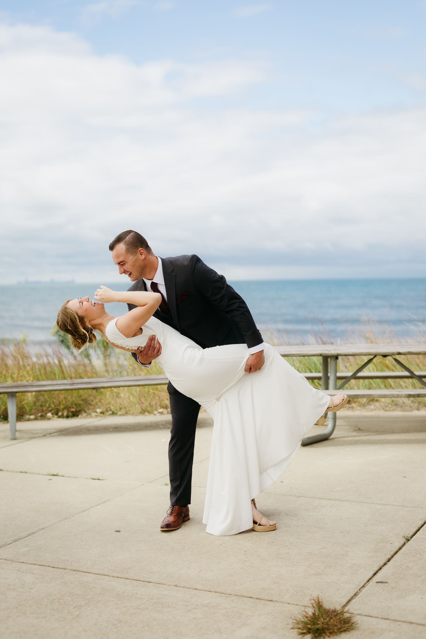 Bride and groom share a first dance during their wedding at Indiana Dunes National Park